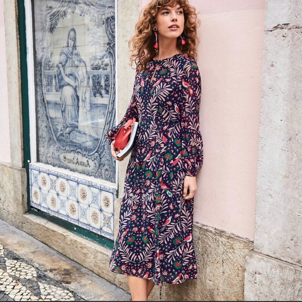 Boden Ada Midi Dress Navy Blue Floral Lined Size 18